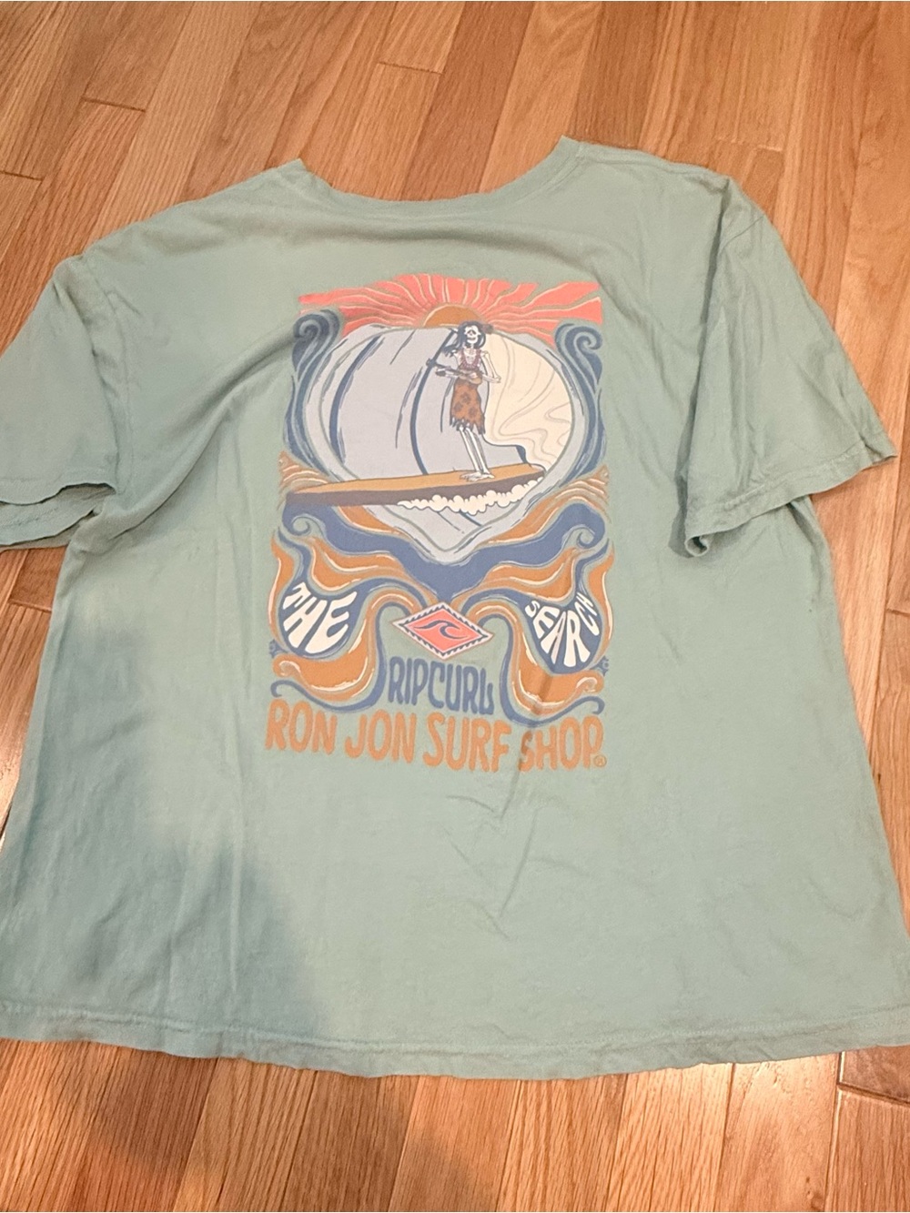 Rip Curl x Ron Jon Seafoam Green Tee with Pink & Blue Logo